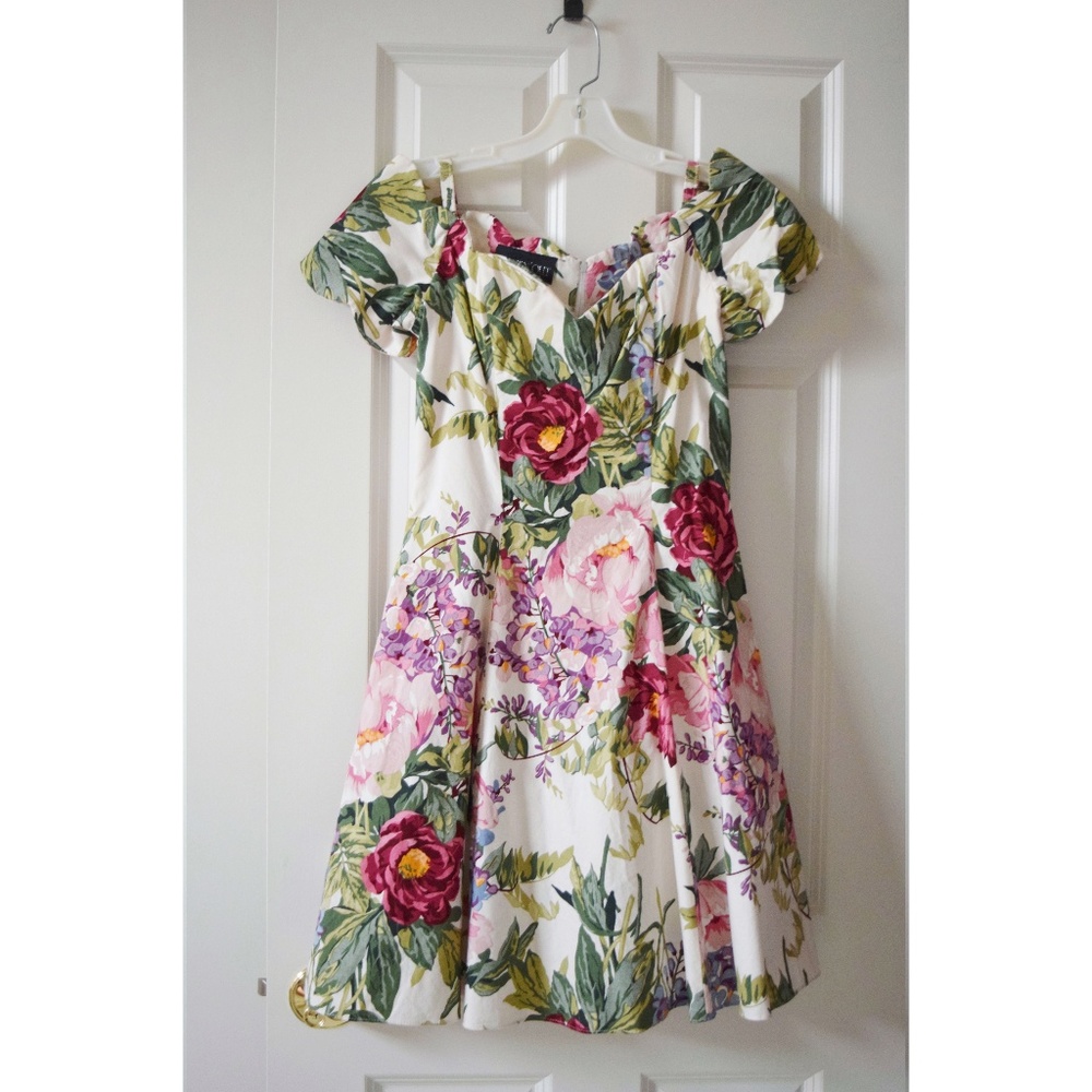 Vintage Jacquard Floral Off Shoulder Garden Party Midi Tea Length Dress | Size S